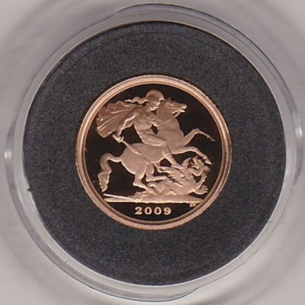 2009 Gold Proof Quarter Sovereign Coin featuring the fourth portrait of Queen Elizabeth II on the obverse. St George and the dragon on the reverse.