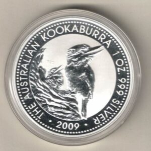 2009 Silver Australia One Ounce Kookaburra Elizabeth II is on the obverse, The Kookaburra is on the reverse. The coin contains one ounce of 999 fine silver