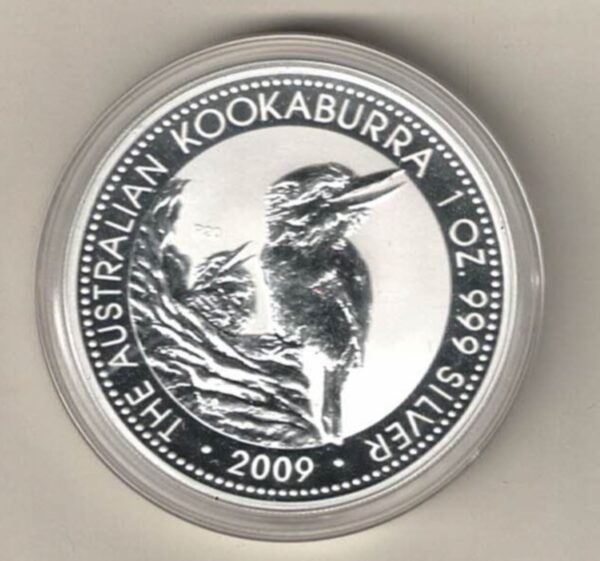 2009 Silver Australia One Ounce Kookaburra Elizabeth II is on the obverse, The Kookaburra is on the reverse. The coin contains one ounce of 999 fine silver