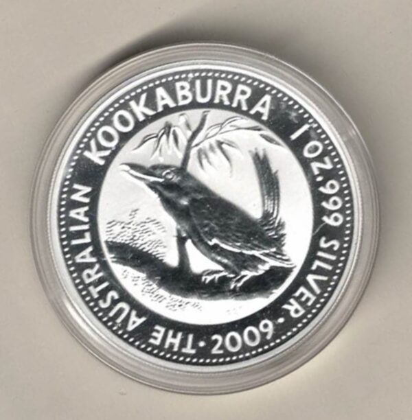 2009 Silver Australia One Ounce Kookaburra Elizabeth II is on the obverse, The Kookaburra is on the reverse. The coin contains one ounce of 999 fine silver