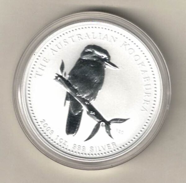 2009 Silver Australia One Ounce Kookaburra Elizabeth II is on the obverse, The Kookaburra is on the reverse. The coin contains one ounce of 999 fine silver