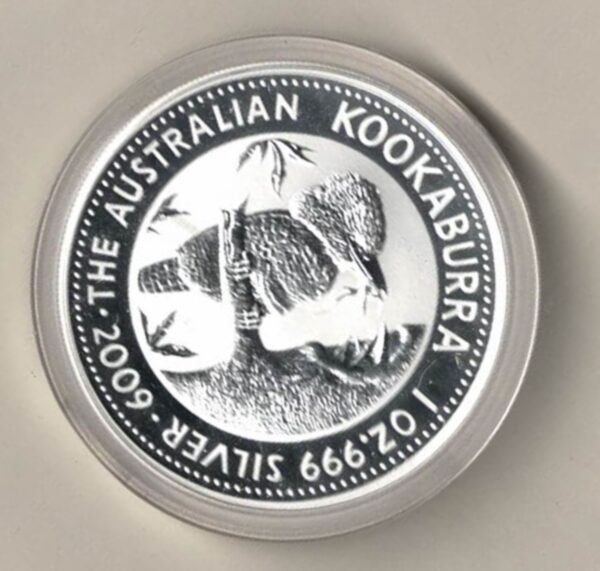 2009 Silver Australia One Ounce Kookaburra Elizabeth II is on the obverse, The Kookaburra is on the reverse. The coin contains one ounce of 999 fine silver