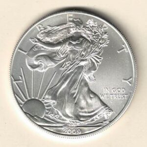 2009 Silver USA One Ounce Eagle. The liberty is on the obverse, The eagle is on the reverse. The coin contains one ounce of 999 fine silver.