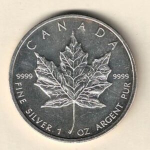 2009 Silver Canada One Ounce Maple. Elizabeth II is on the obverse, The Maple is on the reverse. The coin contains one ounce of 9999 fine silver.