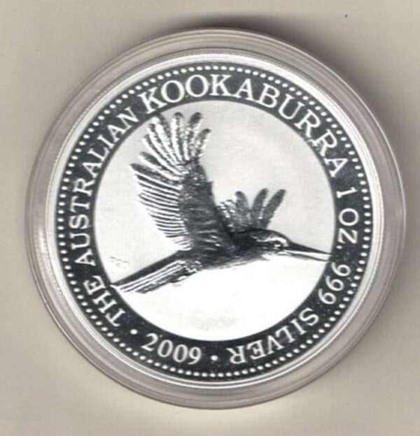 2009 Silver Australia One Ounce Kookaburra Elizabeth II is on the obverse, The Kookaburra is on the reverse. The coin contains one ounce of 999 fine silver