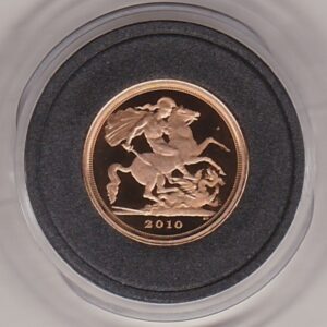 2010 Gold Proof Quarter Sovereign Coin featuring the fourth portrait of Queen Elizabeth II on the obverse. St George and the dragon on the reverse.