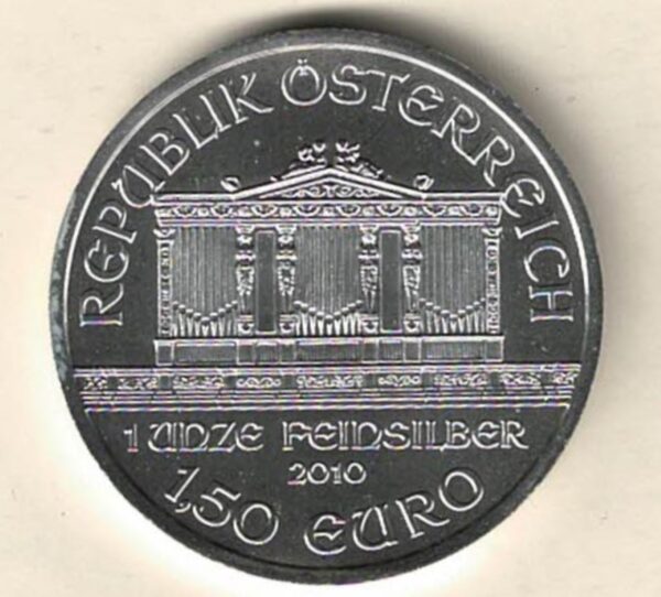 2010 Silver Austria One Ounce Philharmonic. This Coin does feature Music Instrument's The coin contains one ounce of 999 fine silver.