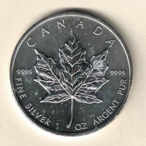 2010 Silver Canada One Ounce Maple. Elizabeth II is on the obverse, The Maple is on the reverse. The coin contains one ounce of 9999 fine silver.