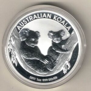 2011 Silver Australia One Ounce Koala. Elizabeth II is on the obverse, The Two Koala's is on the reverse. The coin contains one ounce of 999 fine silver.