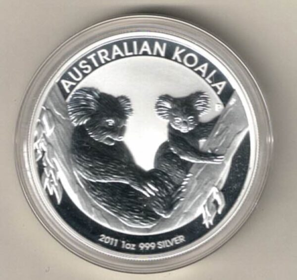 2011 Silver Australia One Ounce Koala. Elizabeth II is on the obverse, The Two Koala's is on the reverse. The coin contains one ounce of 999 fine silver.