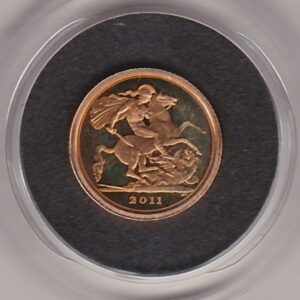 2011 Gold Proof Quarter Sovereign Coin featuring the fourth portrait of Queen Elizabeth II on the obverse. St George and the dragon on the reverse.