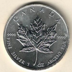 2011 Silver Canada One Ounce Maple. Elizabeth II is on the obverse, The Maple is on the reverse. The coin contains one ounce of 9999 fine silver.