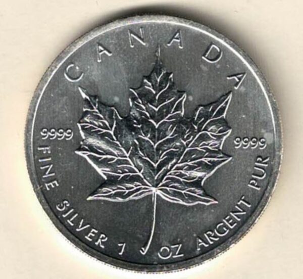 2011 Silver Canada One Ounce Maple. Elizabeth II is on the obverse, The Maple is on the reverse. The coin contains one ounce of 9999 fine silver.