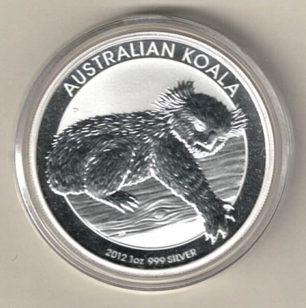 2012 Silver Australia One Ounce Koala. Elizabeth II is on the obverse, The Koala is on the reverse. The coin contains one ounce of 999 fine silver.