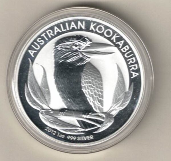 2012 Silver Australia One Ounce Kookaburra Elizabeth II is on the obverse, The Kookaburra is on the reverse. The coin contains one ounce of 999 fine silver