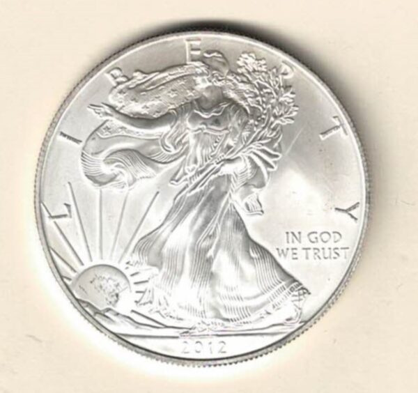 2012 Silver USA One Ounce Eagle. The liberty is on the obverse, The eagle is on the reverse. The coin contains one ounce of 999 fine silver.