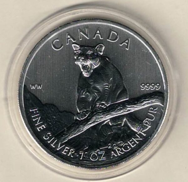 2012 Silver Canada One Ounce Cougar. Elizabeth II is on the obverse, The Cougar is on the reverse. The coin contains one ounce of 9999 fine silver.