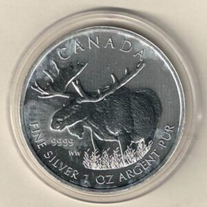 2012 Silver Canada One Ounce Maple. Elizabeth II is on the obverse, The Moose is on the reverse. The coin contains one ounce of 9999 fine silver.