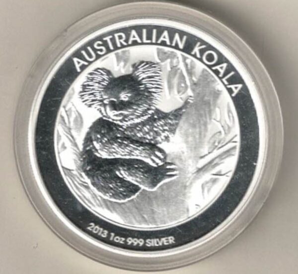 2013 Silver Australia One Ounce Koala. Elizabeth II is on the obverse, The Koala is on the reverse. The coin contains one ounce of 999 fine silver.