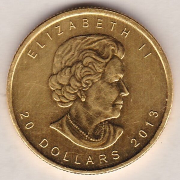 2013 Gold Canada Half Ounce coin. Investment half ounce gold coin featuring Queen Elizabeth II on the Obverse. The Maple leaf on the Reverse.