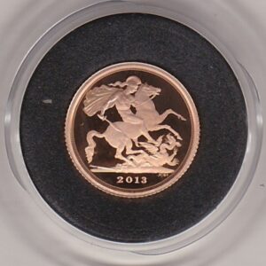 2013 Gold Proof Quarter Sovereign Coin featuring the fourth portrait of Queen Elizabeth II on the obverse. St George and the dragon on the reverse.