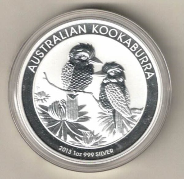 2013 Silver Australia One Ounce Kookaburra Elizabeth II is on the obverse, The 2 Kookaburras on the reverse. The coin contains one ounce of 999 fine silver