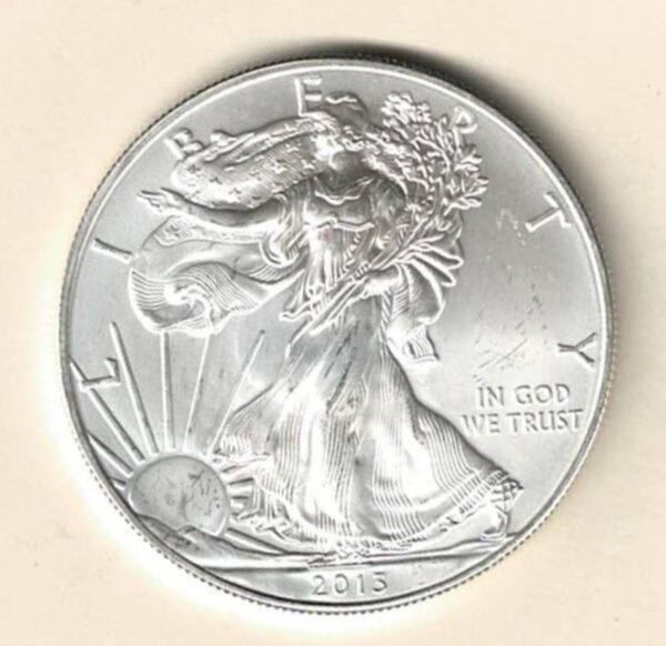 2013 Silver USA One Ounce Eagle. The liberty is on the obverse, The eagle is on the reverse. The coin contains one ounce of 999 fine silver.