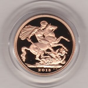 2013 gold proof sovereign coin featuring queen Elizabeth II on the Obverse & St George and the Dragon Reverse. This coin comes as issued by the royal mint.