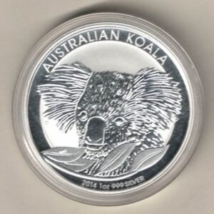 2014 Silver Australia One Ounce Koala. Elizabeth II is on the obverse, The Koala is on the reverse. The coin contains one ounce of 999 fine silver.