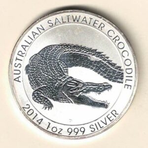 2014 Silver Australia One Ounce Crocodile. Elizabeth II is on the obverse, The crocodile is on the reverse. The coin contains one ounce of 999 fine silver.