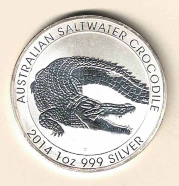 2014 Silver Australia One Ounce Crocodile. Elizabeth II is on the obverse, The crocodile is on the reverse. The coin contains one ounce of 999 fine silver.