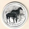 2014 Australia .999 fine silver One Ounce Year of The Horse. Elizabeth II is on the obverse, Two horses are on the reverse.