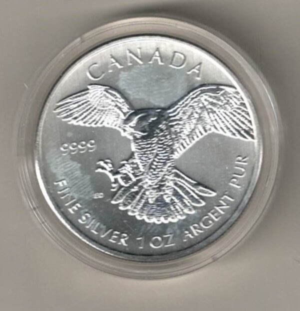 2014 Silver Canada One Ounce Falcon. Elizabeth II is on the obverse, The Falcon is on the reverse. The coin contains one ounce of 9999 fine silver.