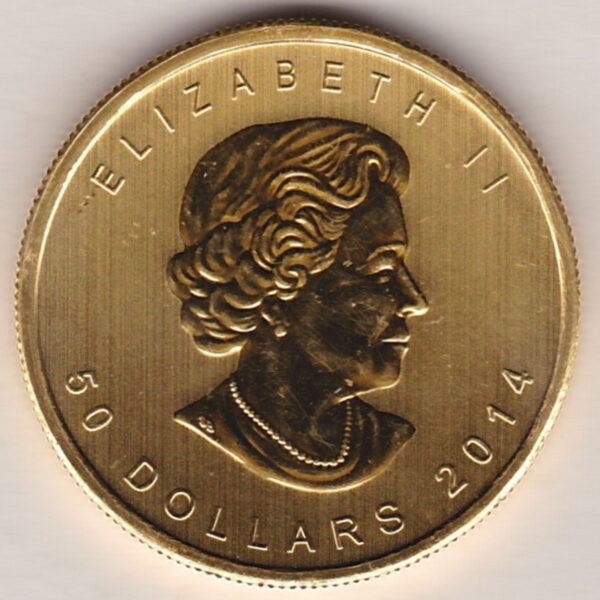 2014 Gold Canada One Ounce coin. Investment one ounce gold coin featuring Queen Elizabeth II on the Obverse. The Maple leaf on the Reverse.