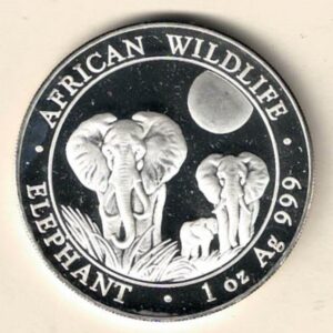 2014 Silver Somali republic One Ounce Elephant. This Coin does feature two Elephants in the grass. The coin contains one ounce of 999 fine silver.