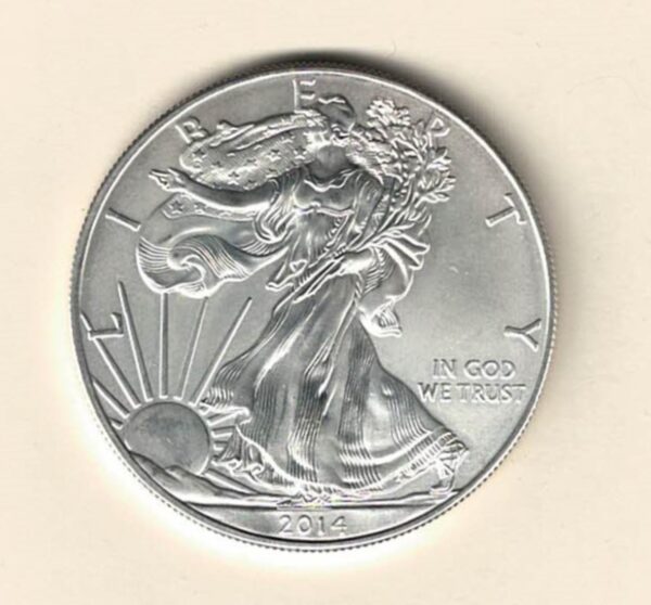 2014 Silver USA One Ounce Eagle. The liberty is on the obverse, The eagle is on the reverse. The coin contains one ounce of 999 fine silver.