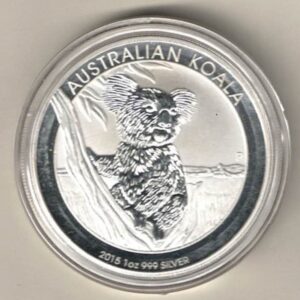 2015 Silver Australia One Ounce Koala. Elizabeth II is on the obverse, The Koala is on the reverse. The coin contains one ounce of 999 fine silver.