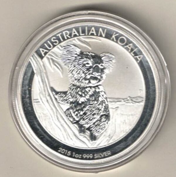 2015 Silver Australia One Ounce Koala. Elizabeth II is on the obverse, The Koala is on the reverse. The coin contains one ounce of 999 fine silver.