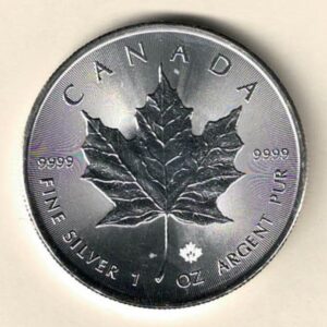 2015 Silver Canada One Ounce Maple. Elizabeth II is on the obverse, The Maple is on the reverse. The coin contains one ounce of 9999 fine silver.