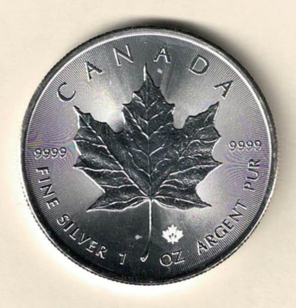 2015 Silver Canada One Ounce Maple. Elizabeth II is on the obverse, The Maple is on the reverse. The coin contains one ounce of 9999 fine silver.