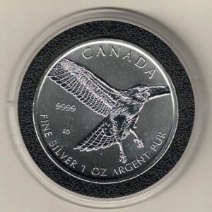 2015 Silver Canada One Ounce Hawk. Elizabeth II is on the obverse, The Red Tailed Hawk is on the reverse. The coin contains one ounce of 9999 fine silver.