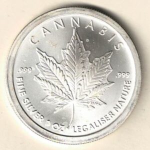 2015 Silver One Ounce Silver shield Cannabis. This round does feature an Cannabis Leaf. The round contains one ounce of .999 fine silver.