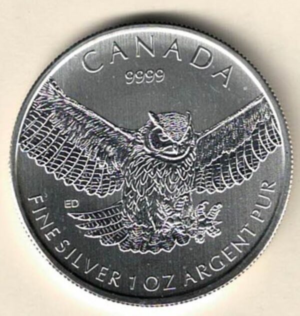 2015 Silver Canada One Ounce Owl. Elizabeth II is on the obverse, The Owl is on the reverse. The coin contains one ounce of 9999 fine silver.