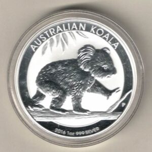 2016 Silver Australia One Ounce Koala. Elizabeth II is on the obverse, The Koala is on the reverse. The coin contains one ounce of 999 fine silver.