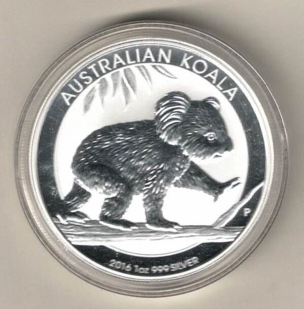 2016 Silver Australia One Ounce Koala. Elizabeth II is on the obverse, The Koala is on the reverse. The coin contains one ounce of 999 fine silver.