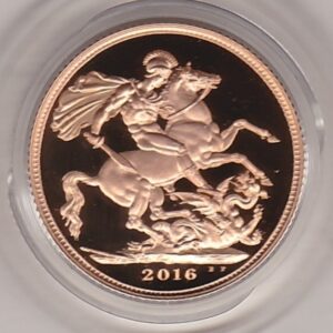 2016 Gold Proof Sovereign coin featuring the Butler effigy of queen Elizabeth II Obverse & St George and the Dragon Reverse. As issued by the royal mint.