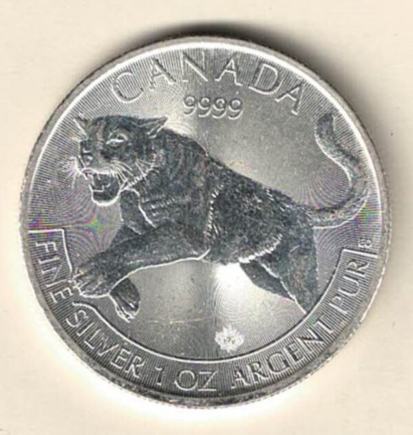 2016 Silver Canada One Ounce Cougar. Elizabeth II is on the obverse, The Cougar is on the reverse. The coin contains one ounce of 9999 fine silver.