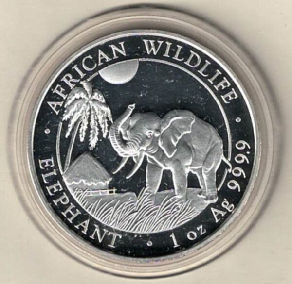 2017 Silver Somali republic One Ounce Elephant. This Coin does feature an Elephant. The coin contains one ounce of 999.9 fine silver.