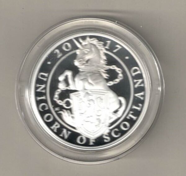 2017 Silver Proof One Ounce Unicorn of Scotland. The coin contains one ounce of 999 fine silver. All of our silver coins are in stock.