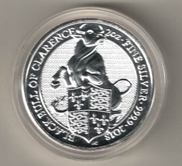 2018 Two Ounce Silver Coin Royal Mint Queen's Black Bull of Clarence. This coin was issued as part of the Queen's Beasts series by the Royal Mint.